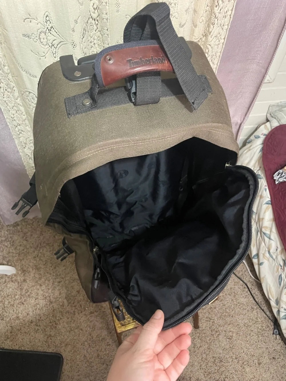 Timberland: Vintage leather trimmed canvas travel luggage/backpack
